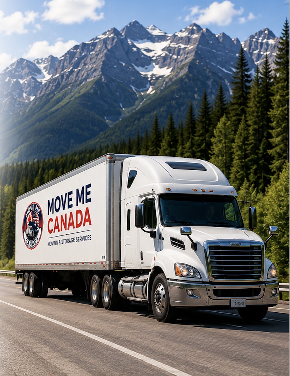 Move Me Canada long-distance moving truck travelling through the Canadian mountains